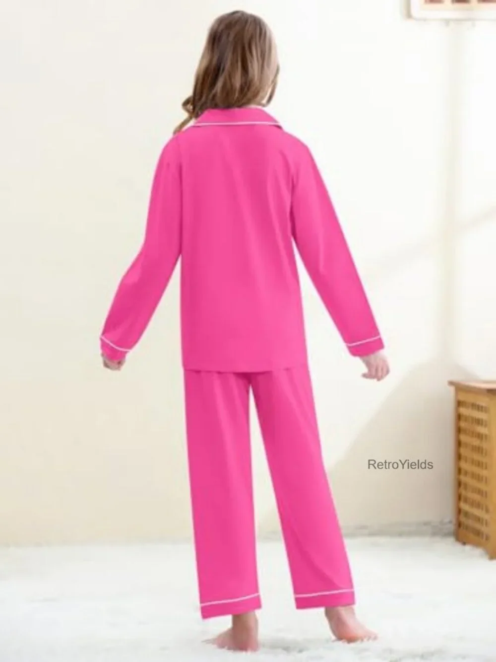 Kids Cotton Pajama Set Long Sleeve Button Down Top & Pants 2-Piece Sleepwear